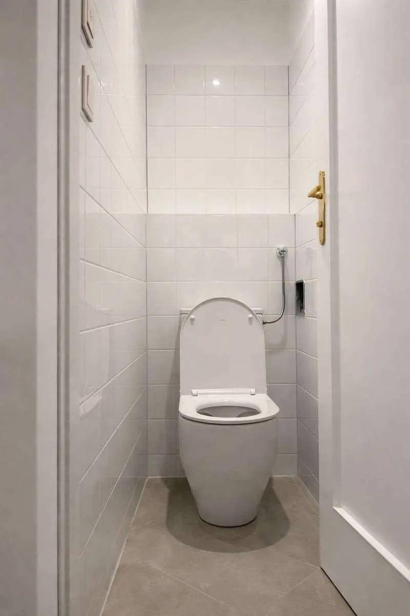 Separates WC mit wandmontierter Toilette und hellen Fliesen, funktional und sauber.