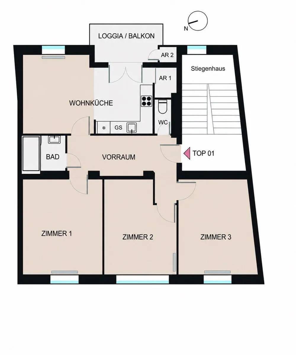 Detaillierter Grundriss einer Wohnung mit Wohnküche, Bad, WC und drei weiteren Zimmern.
