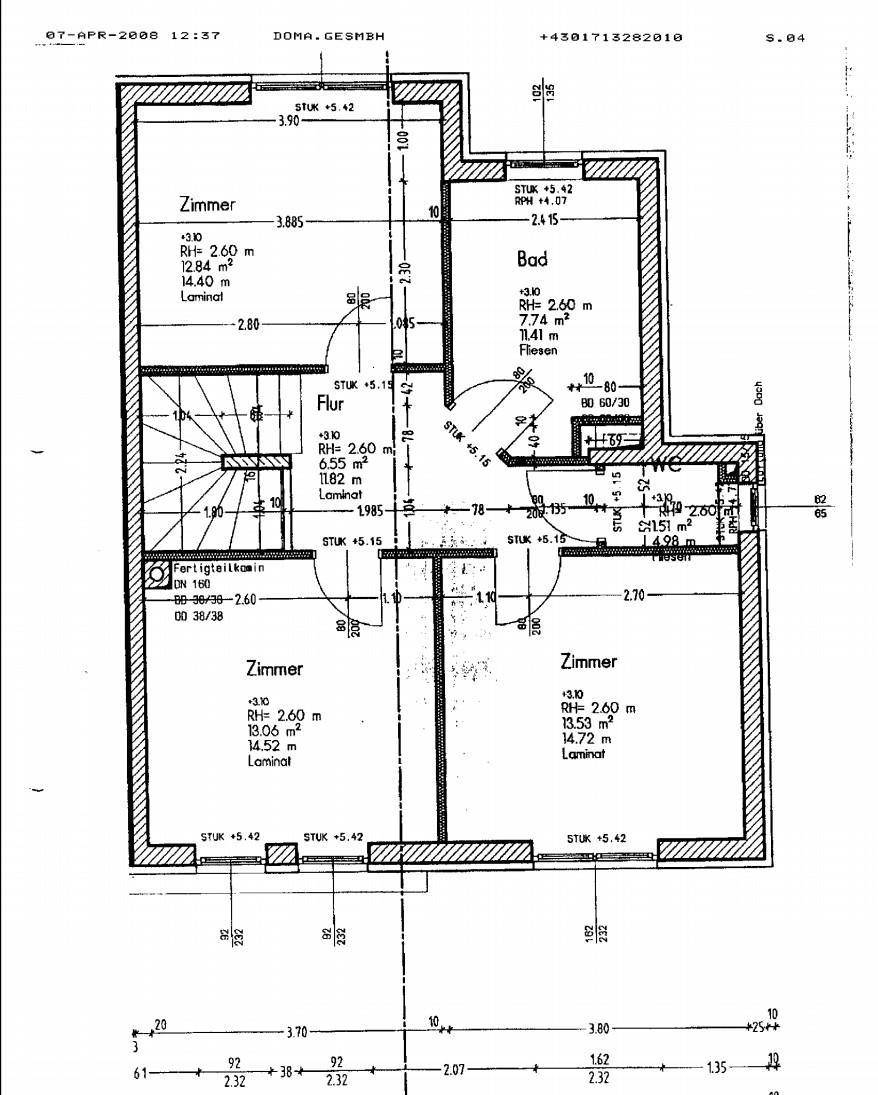 Grundrissplan einer Etage mit drei Zimmern, Bad, Flur und separatem WC.