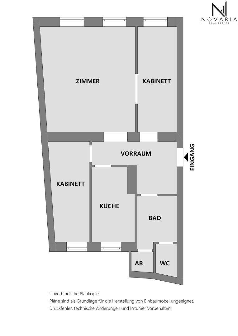 Grundriss einer Wohnung mit Zimmer, Kabinetten, Küche, Bad und separatem WC.