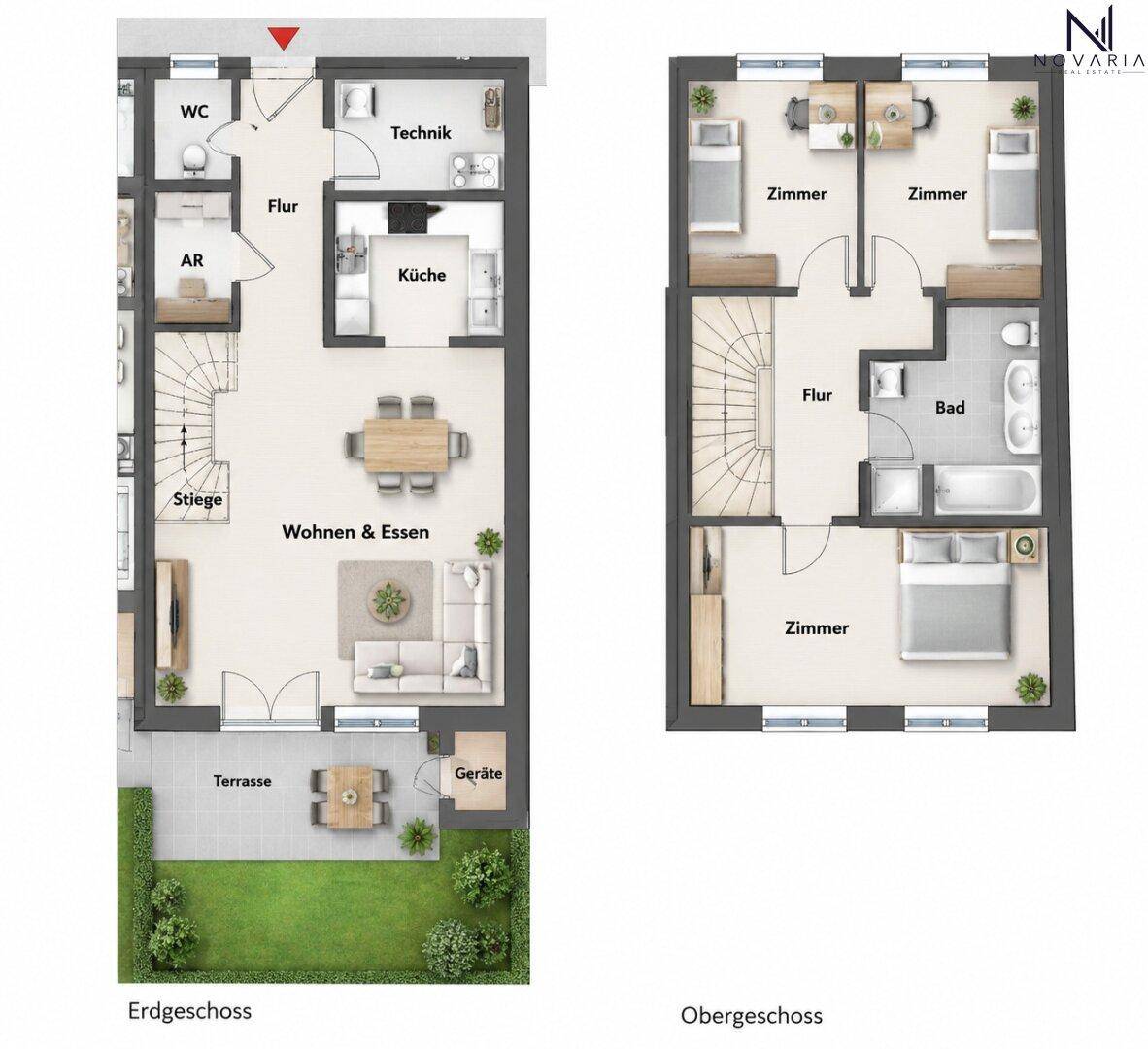 Detaillierter Grundriss des Erd- und Obergeschosses mit Raumaufteilung und Terrasse.