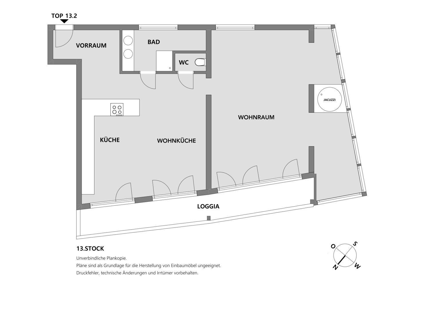 Grundriss des 13. Stocks mit Wohnraum, Küche, Bad, WC und Loggia inklusive Whirlpool.