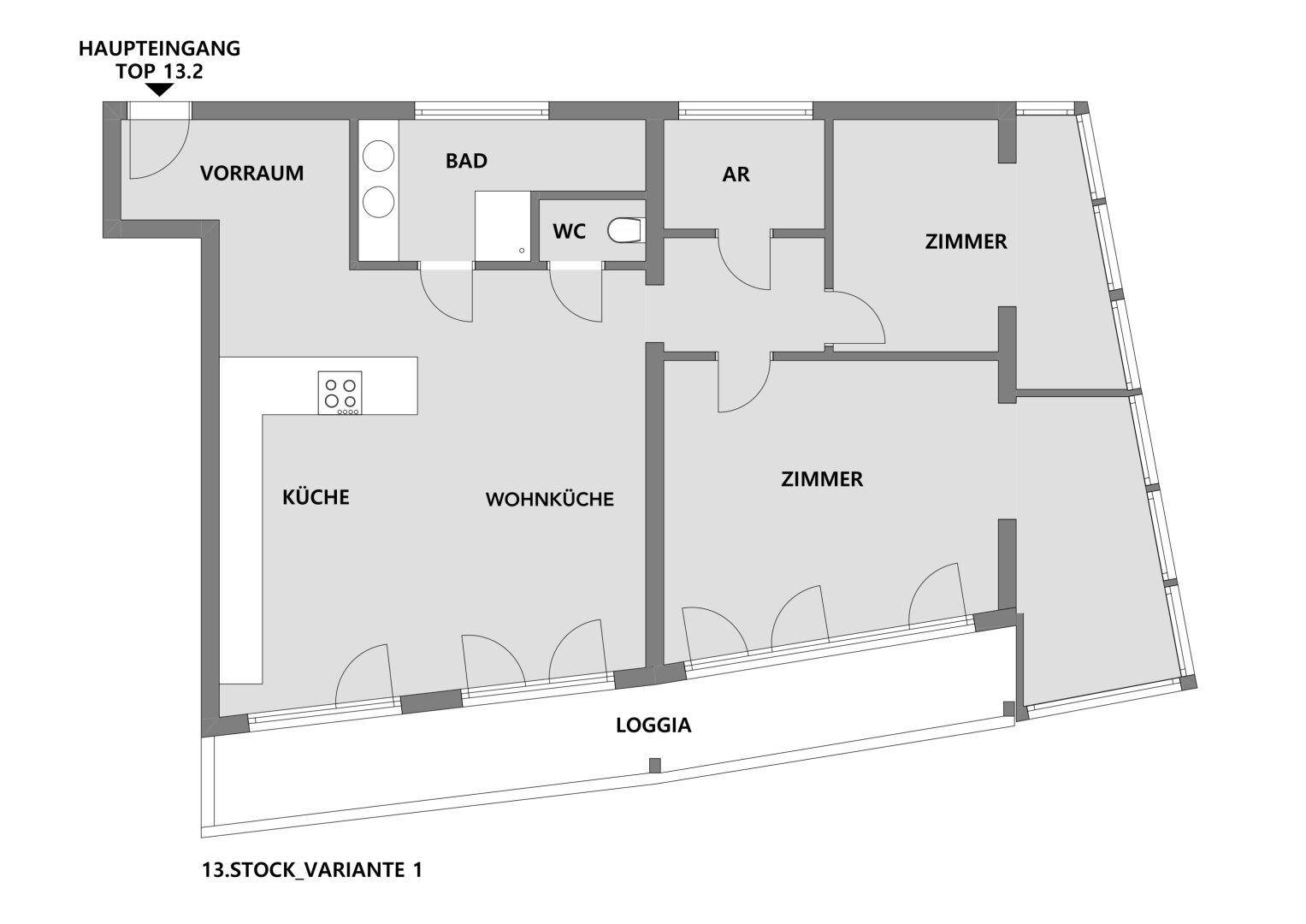 Alternativer Grundriss des 13. Stocks mit zwei Zimmern, Wohnküche, Bad, WC und Loggia.