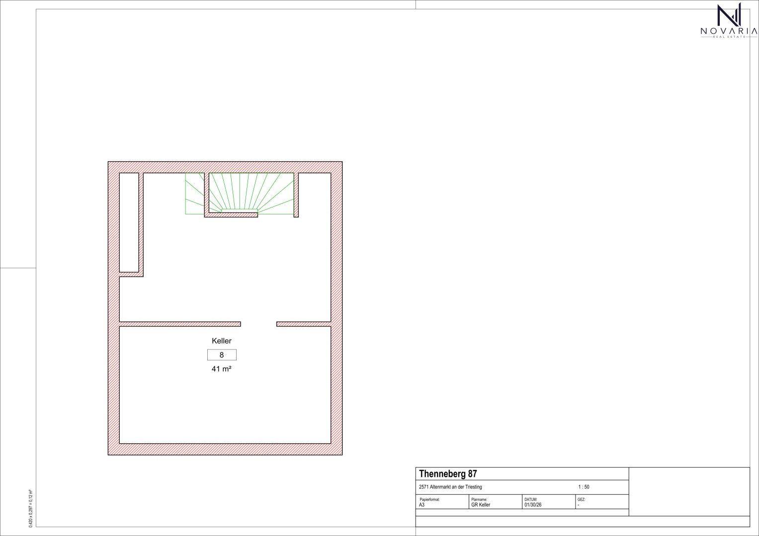 Grundriss des Kellers mit 41 m² Nutzfläche und Treppenabgang, ideal als Stauraum.