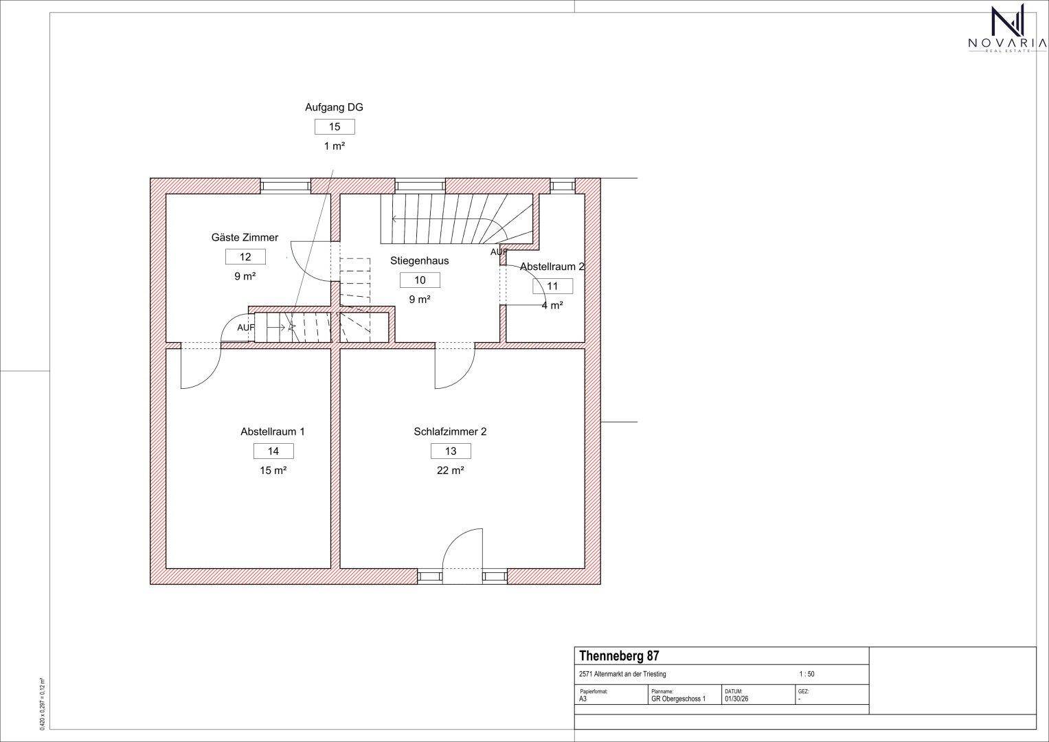 Grundriss des Obergeschosses mit Gästezimmer, Schlafzimmer und zwei praktischen Abstellräumen.