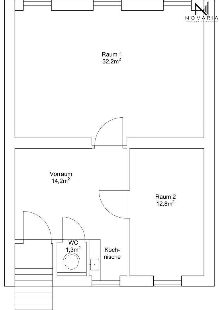 Grundriss des Untergeschosses mit drei flexiblen Räumen, WC und Kochnische.