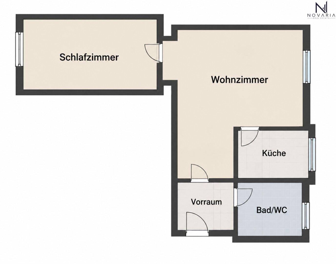 Grundriss der Wohnung mit Schlafzimmer, Wohnzimmer, Küche und Bad/WC.