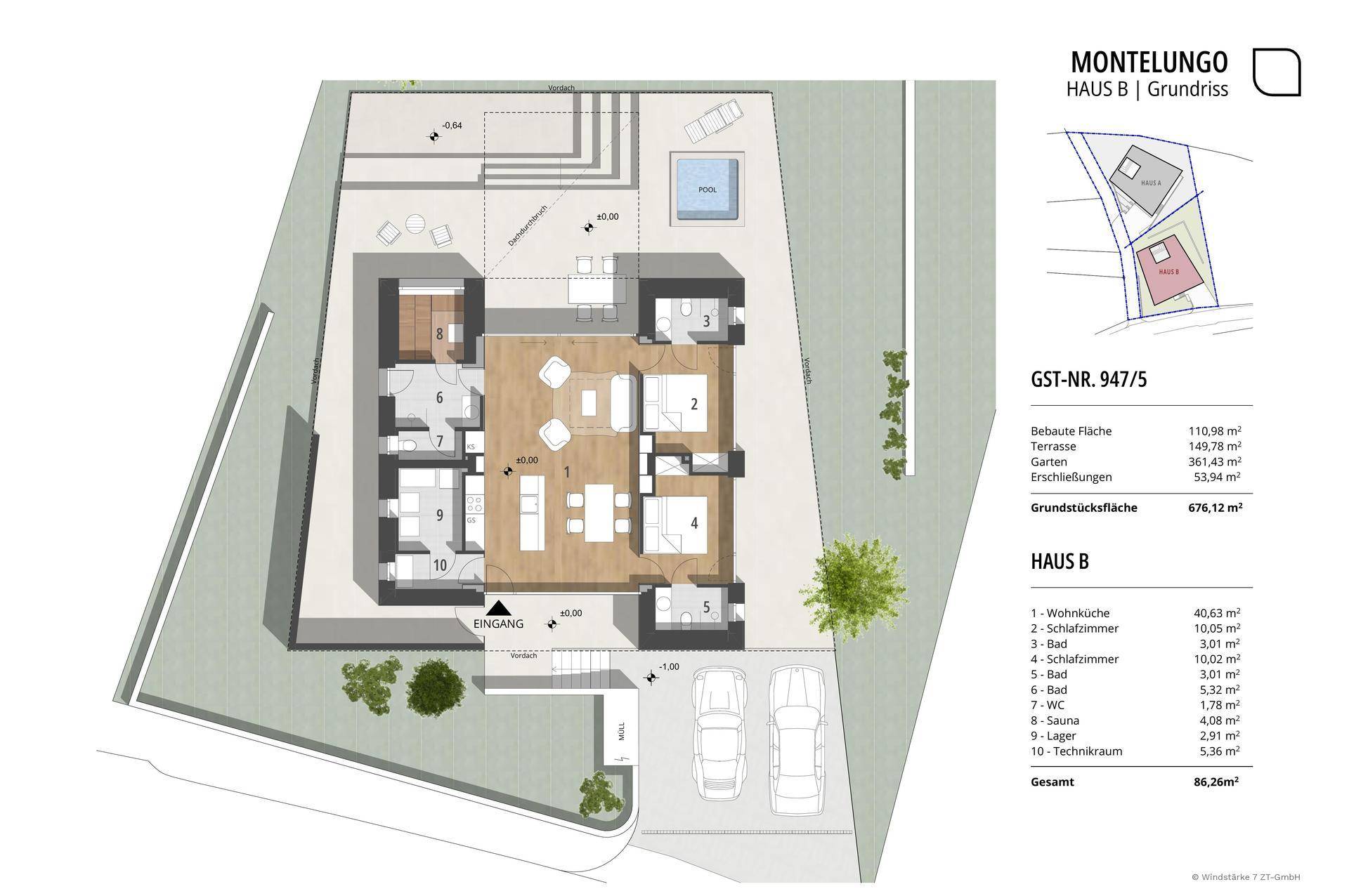 Grundriss von Haus B mit Wohnküche, Schlafzimmern, Sauna und Außenbereich mit Pool.