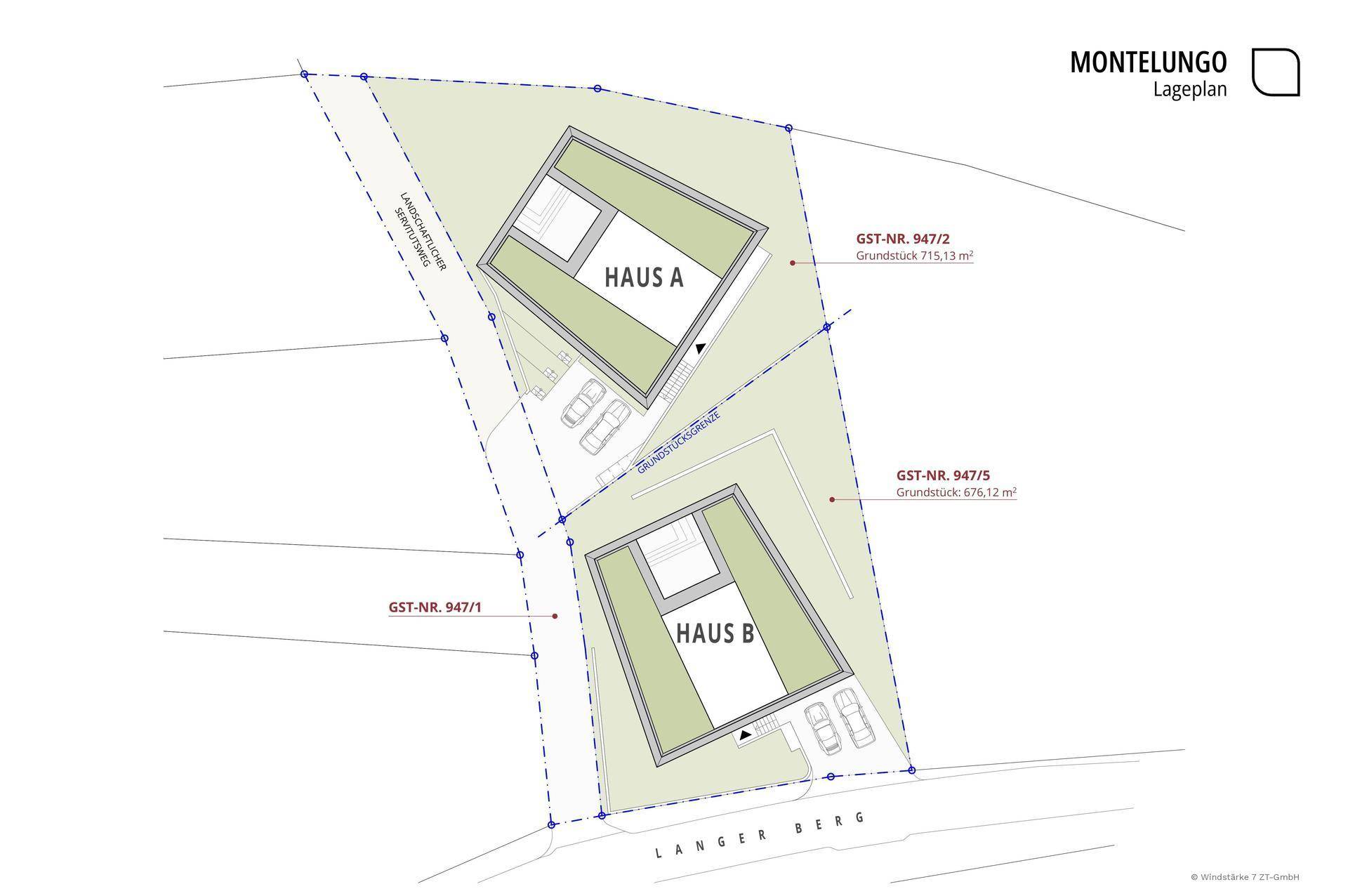 Lageplan mit zwei geplanten Häusern A und B auf separaten Grundstücken.