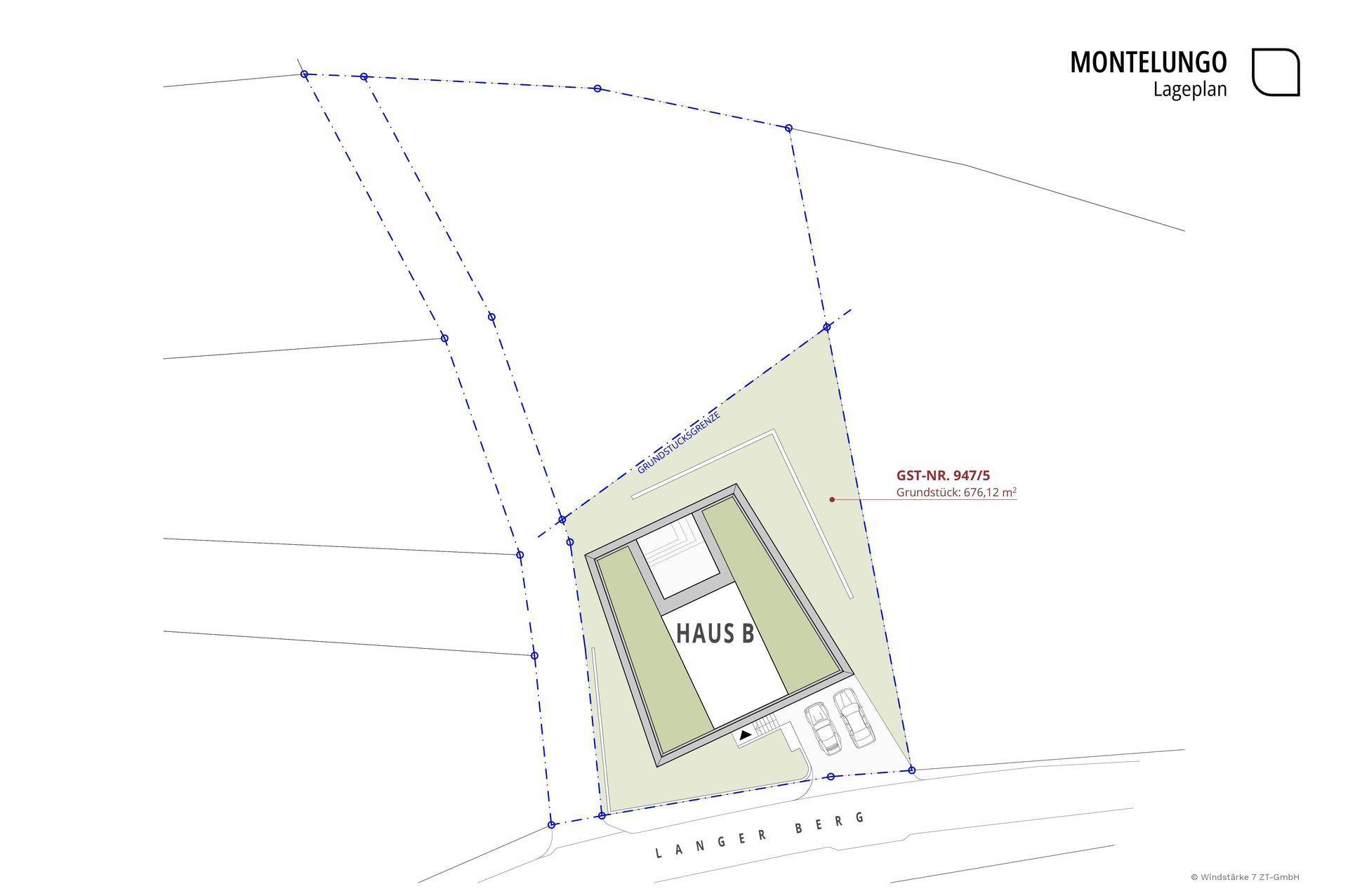 Lageplan des Grundstücks mit eingezeichnetem Haus B und Zufahrt.