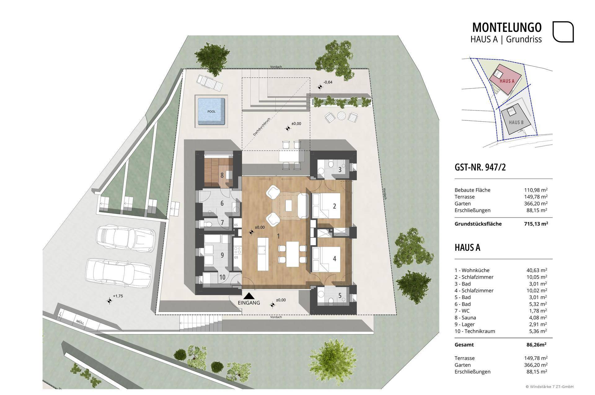 Detaillierter Grundriss von Haus A mit Wohnküche, Schlafzimmern und Außenbereichen.