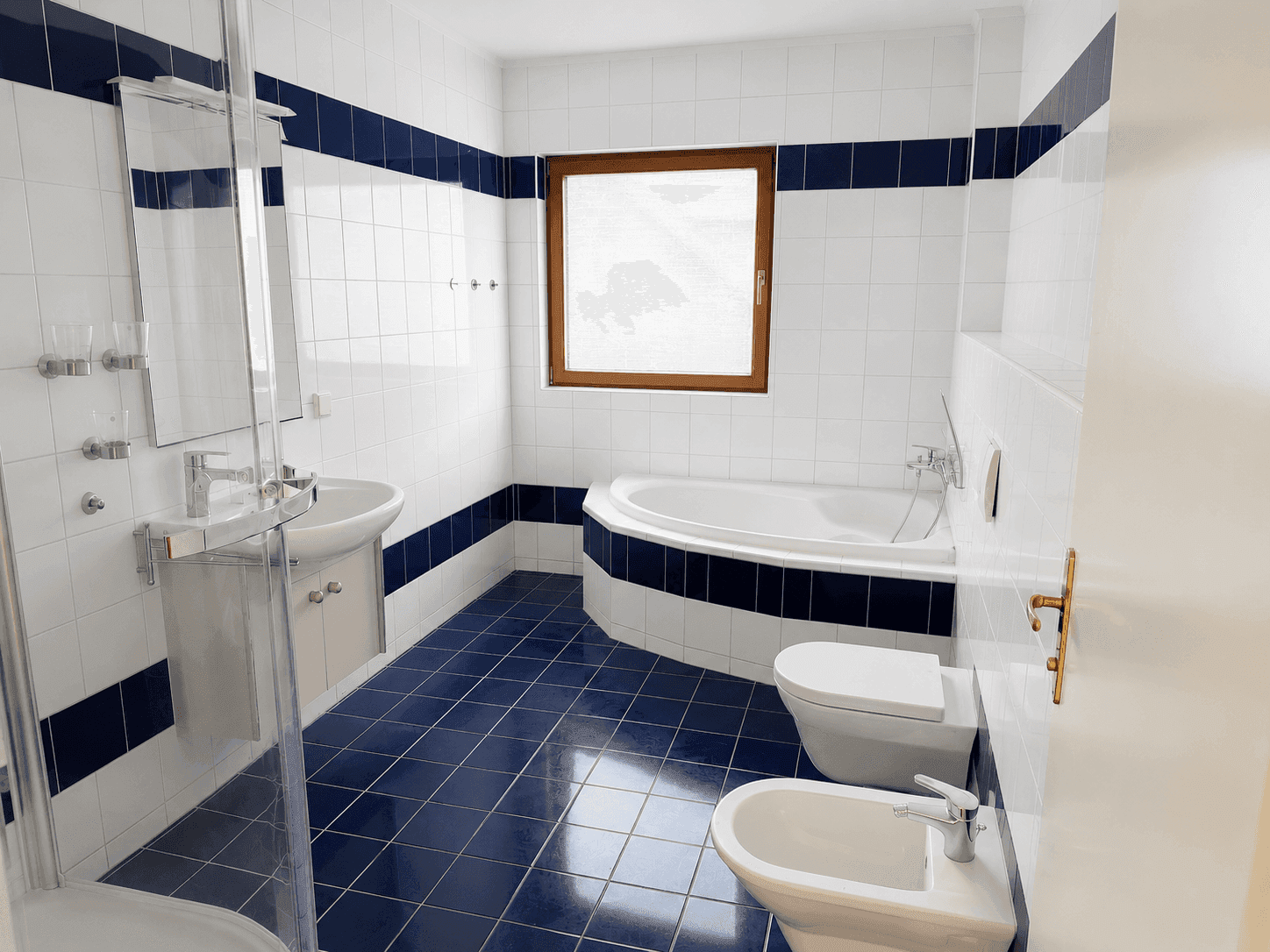 Badezimmer mit blauen und weißen Fliesen, Badewanne, Dusche und Bidet.