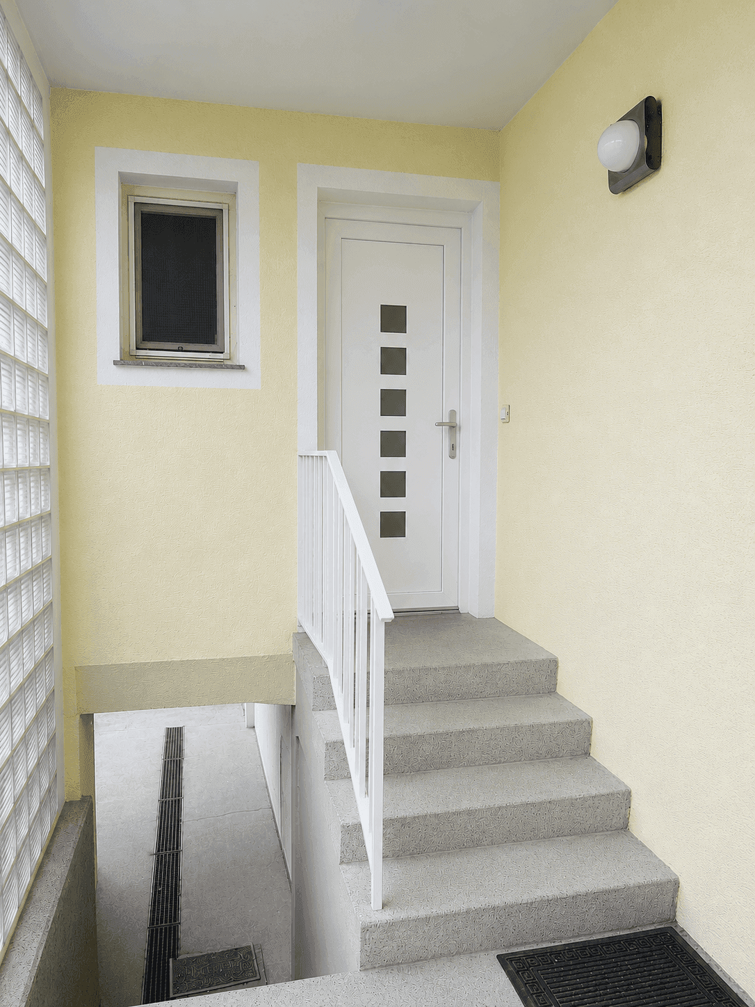 Eingangsbereich mit Treppe zum Untergeschoss und Glasbausteinwand für natürliches Licht.