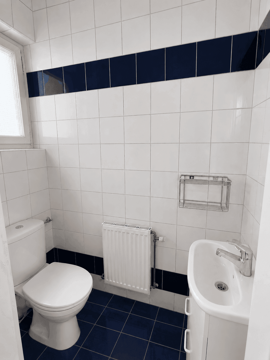 Kleines Gäste-WC mit blauen und weißen Fliesen, Toilette und Handwaschbecken.