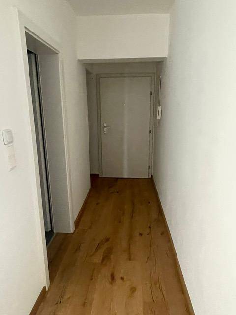 Heller Flur mit Holzboden und einer Eingangstür, die zu den weiteren Räumen führt.