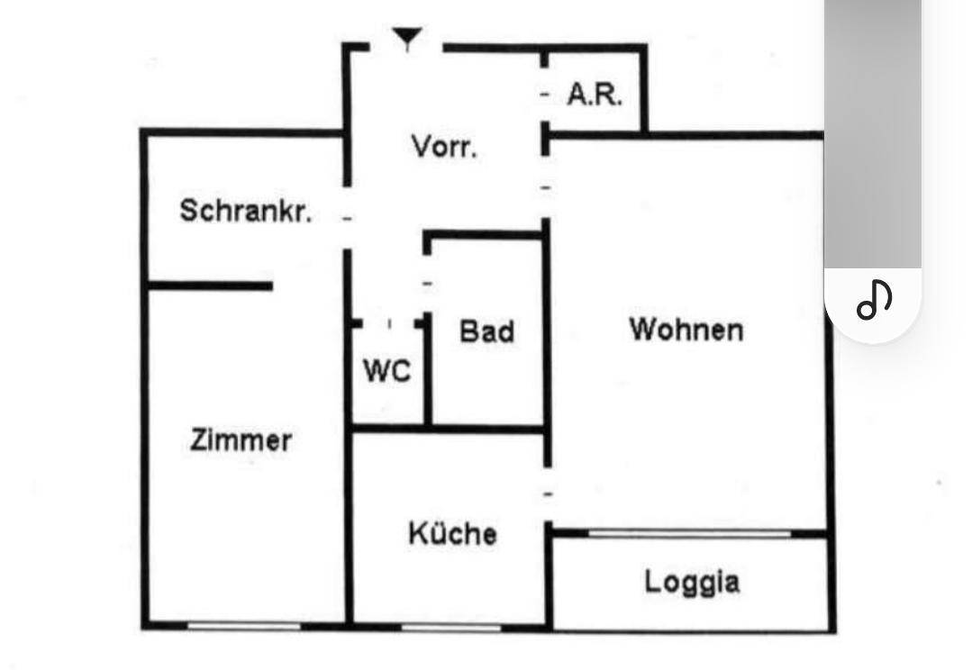 Grundriss einer Wohnung mit Wohnzimmer, Küche, Bad, WC und Loggia.