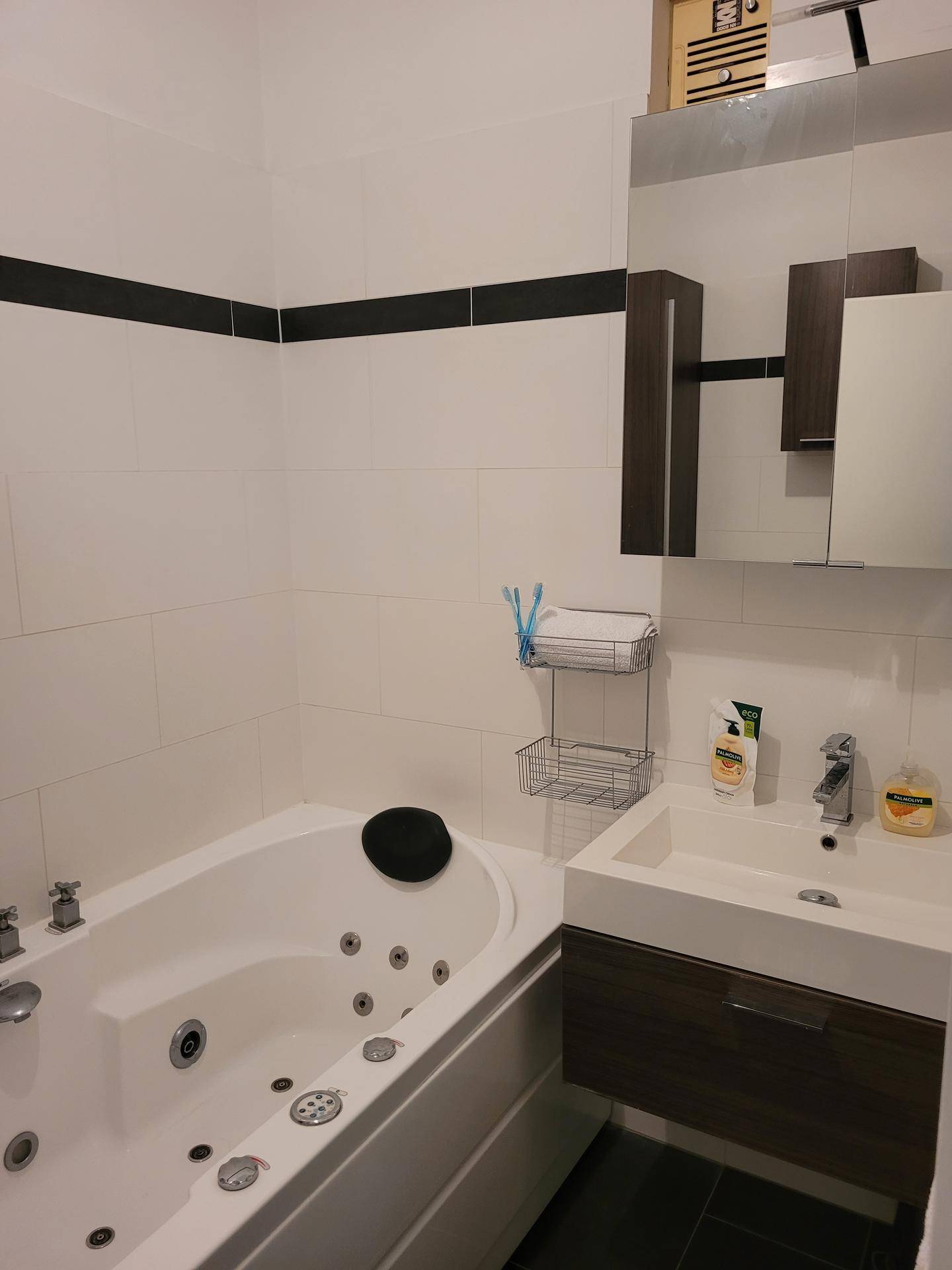 Modernes Badezimmer mit Whirlpool-Badewanne, Waschbecken und Spiegelschrank.