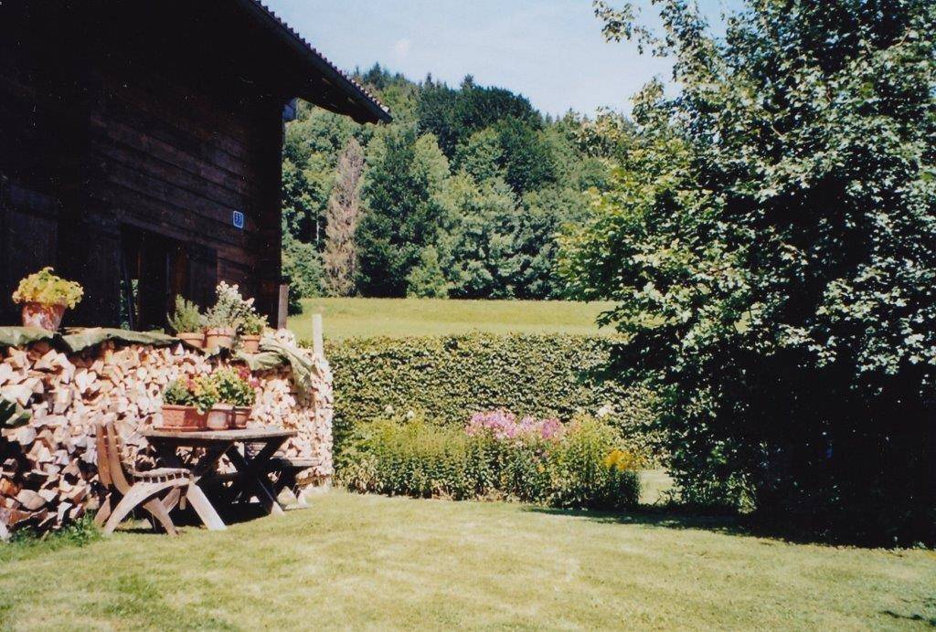 Seitlicher Gartenbereich mit Holzstapel, rustikalem Tisch und Blick auf bewaldete Hügel.