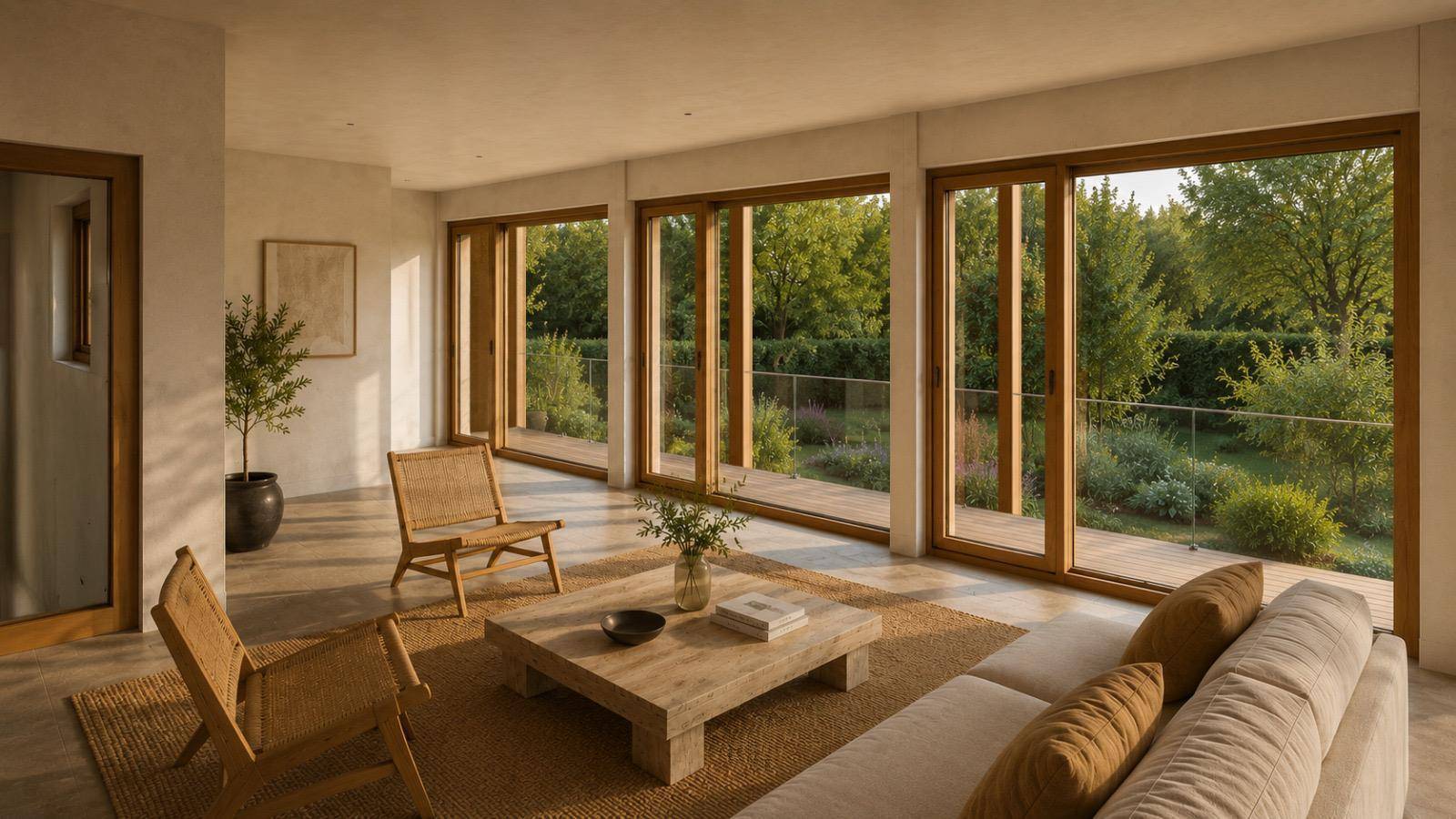 Helles Wohnzimmer mit großen Fensterfronten, Holzboden und direktem Zugang zum Garten.