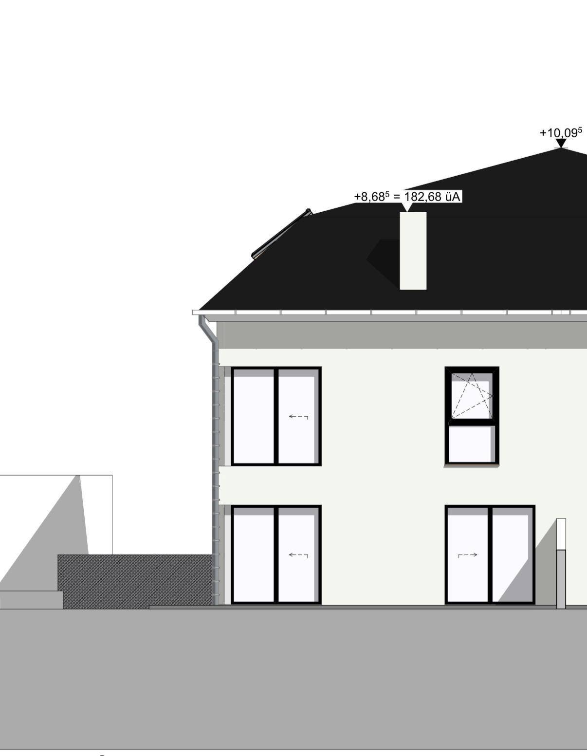 Seitenansicht eines Hauses mit Satteldach und großen Fensterfronten, die viel Licht versprechen.