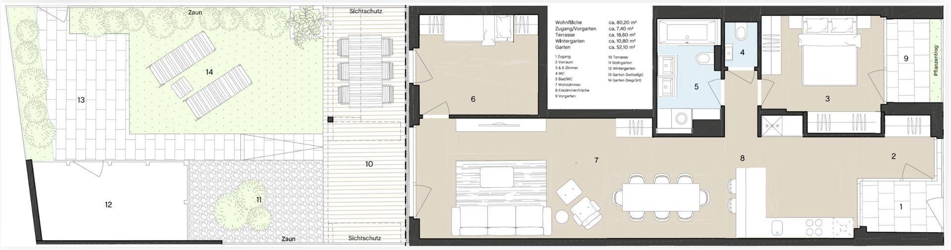 Grundriss einer Wohnung mit drei Schlafzimmern, offenem Wohnbereich und privatem Garten.