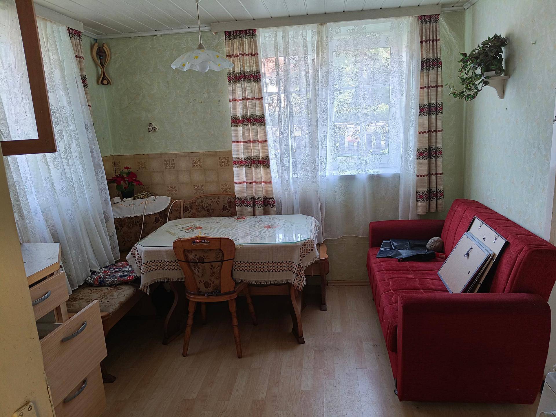 Einfacher Wohn- und Essbereich mit rotem Sofa, Esstisch und Blick ins Grüne.