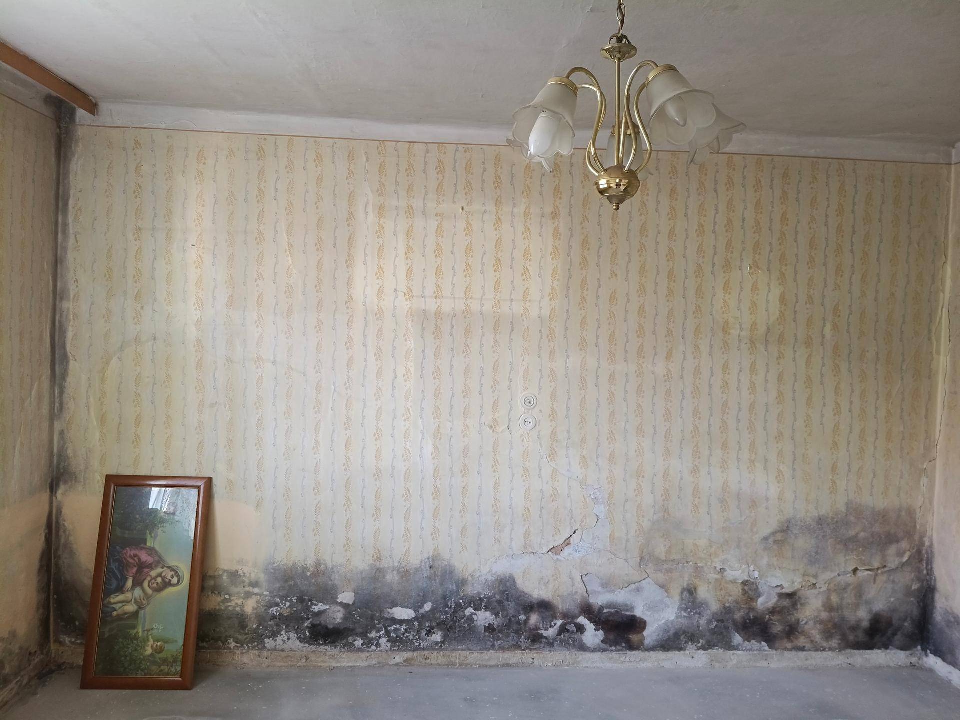Verfallener Raum mit beschädigter Tapete und Deckenleuchte, renovierungsbedürftig.