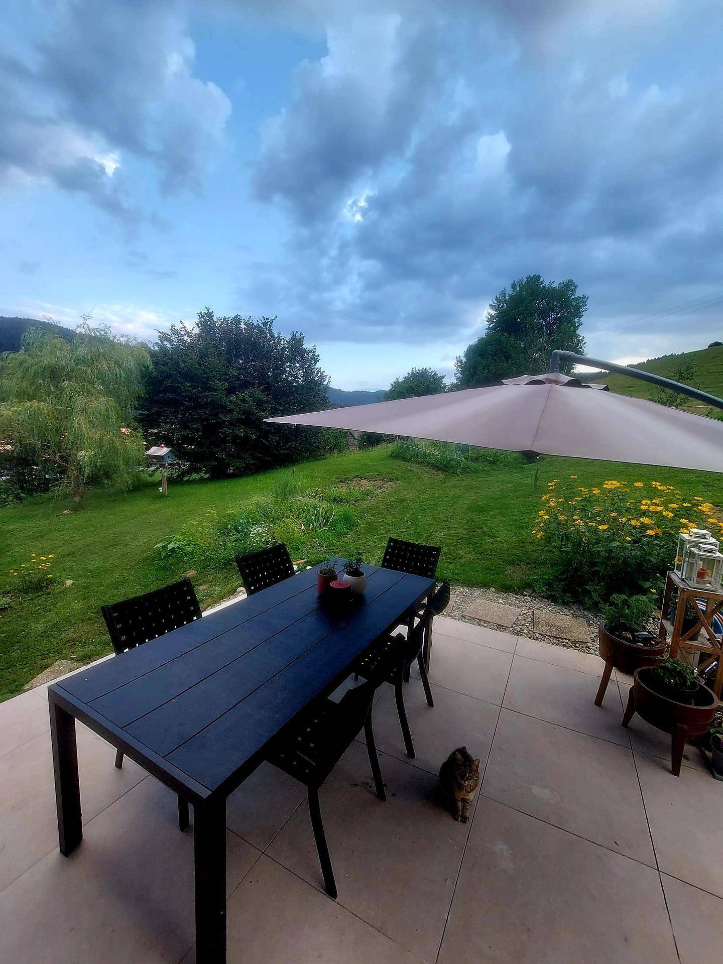 Terrasse mit Esstisch und Sonnenschirm, umgeben von grüner Landschaft unter bewölktem Himmel.
