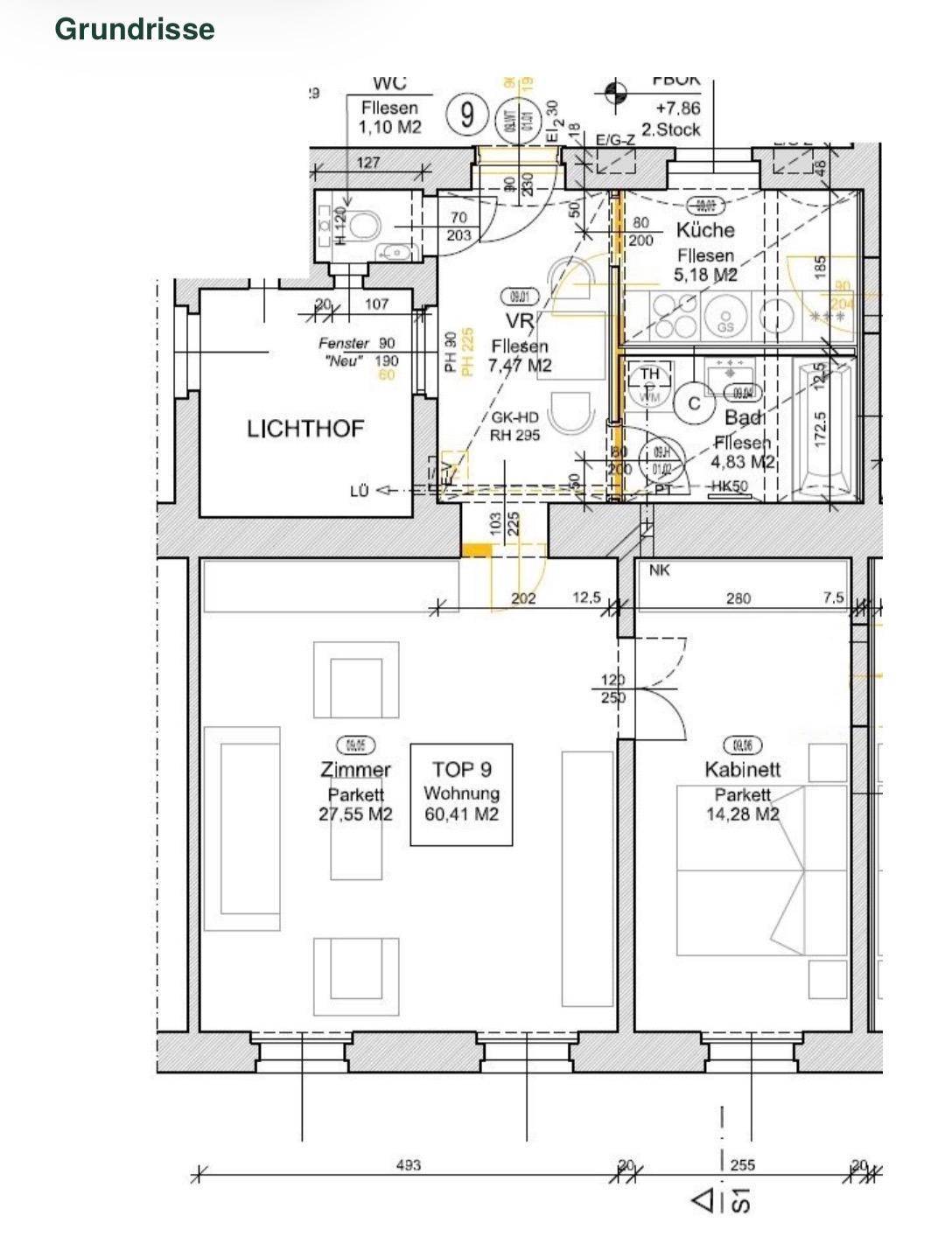 Grundriss der Wohnung mit Zimmern, Bad, WC und Lichtschacht.