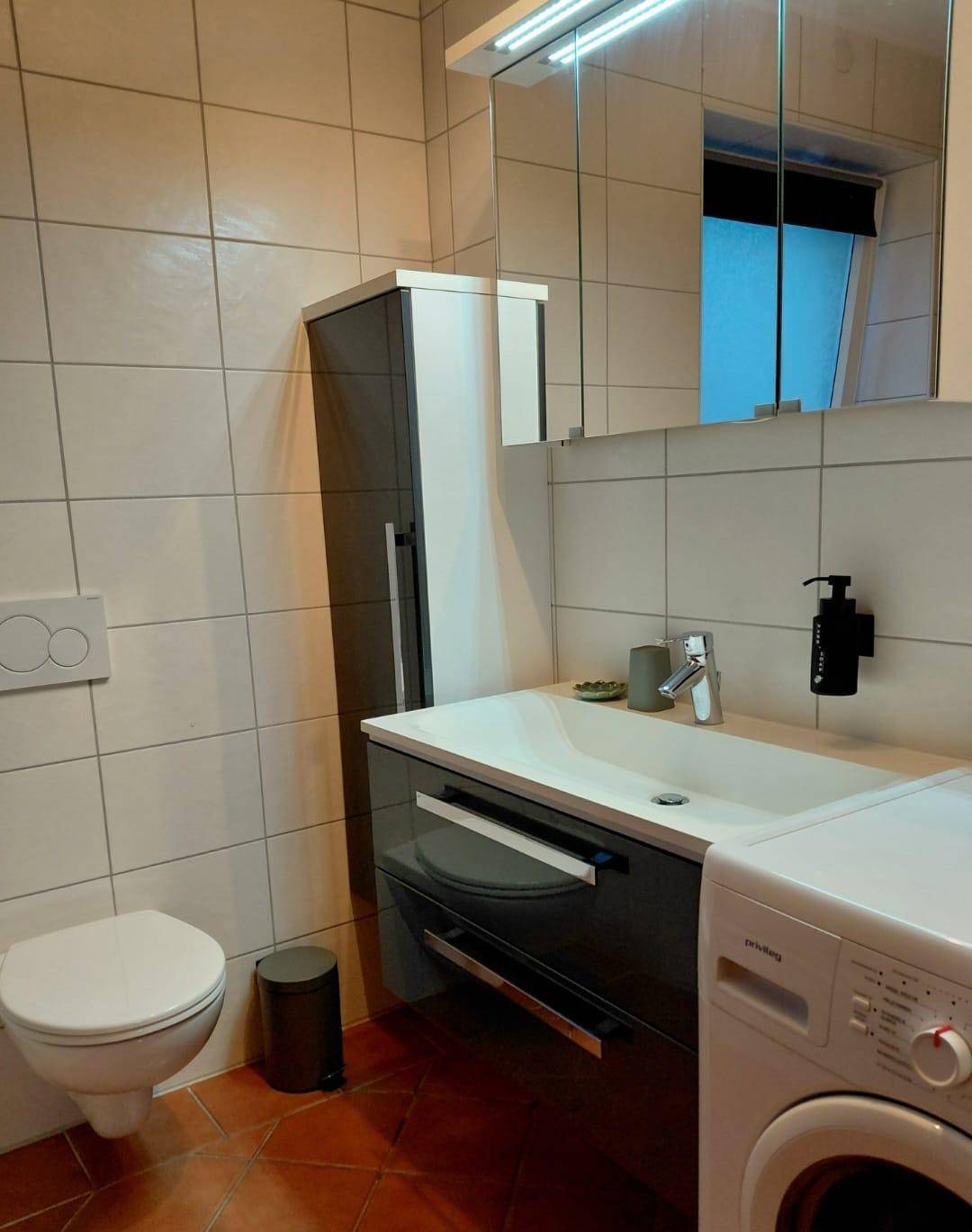 Modernes Badezimmer mit Waschbecken, Spiegelschrank, WC und integrierter Waschmaschine.