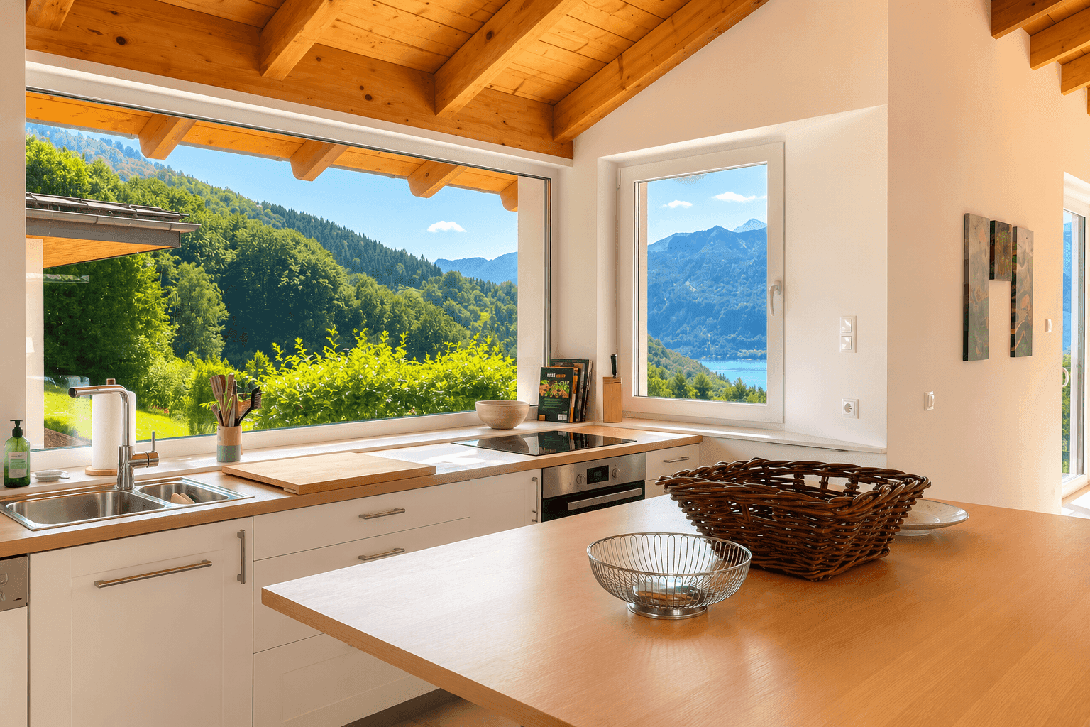 Moderne Küche mit Holzarbeitsplatte, Induktionskochfeld und weitem Blick auf die Berge und den See.