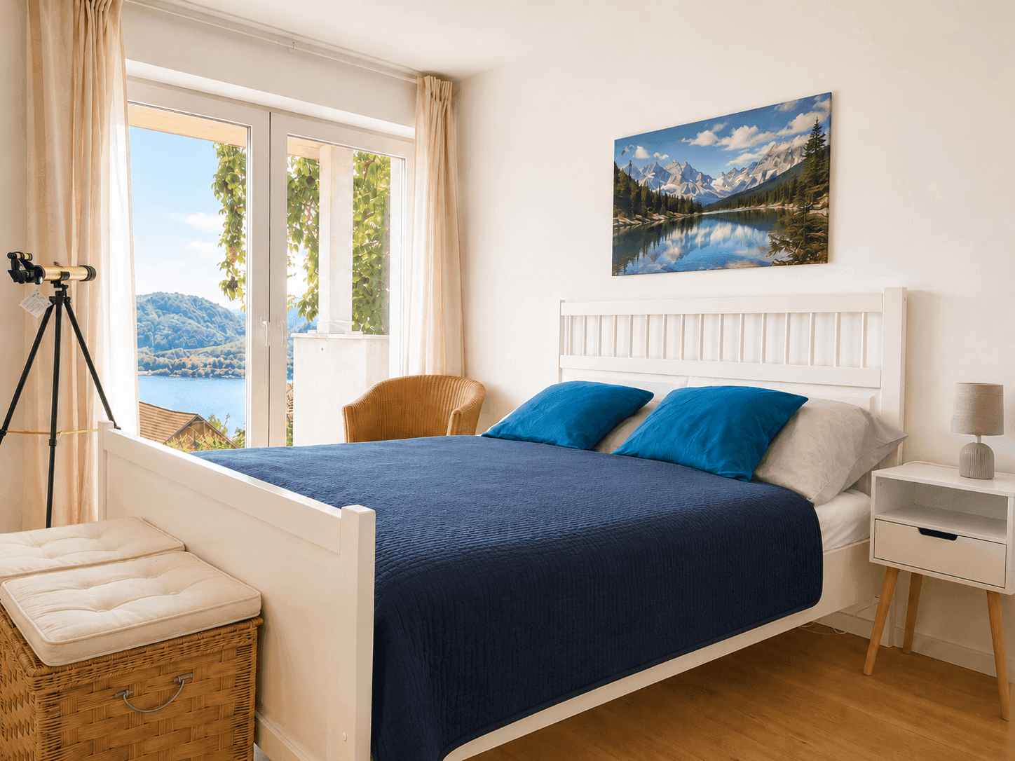 Helles Schlafzimmer mit weißem Bett, blauen Akzenten und Balkonzugang mit Seeblick.