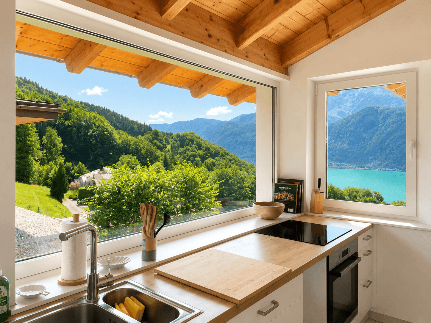 Helle Küche mit Holzarbeitsplatte, Spüle und Panoramafenstern mit Bergblick.