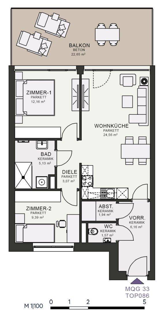 Grundriss einer Wohnung mit zwei Zimmern, Wohnküche und Balkon.