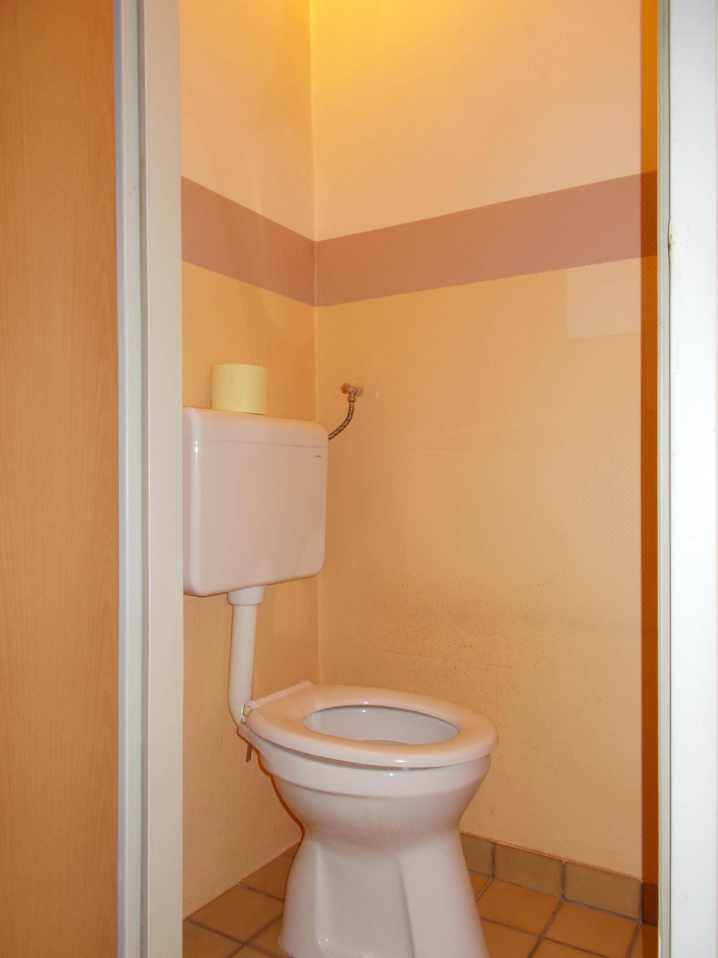 Separate Toilette mit einfacher Ausstattung und hellen Wandfarben.