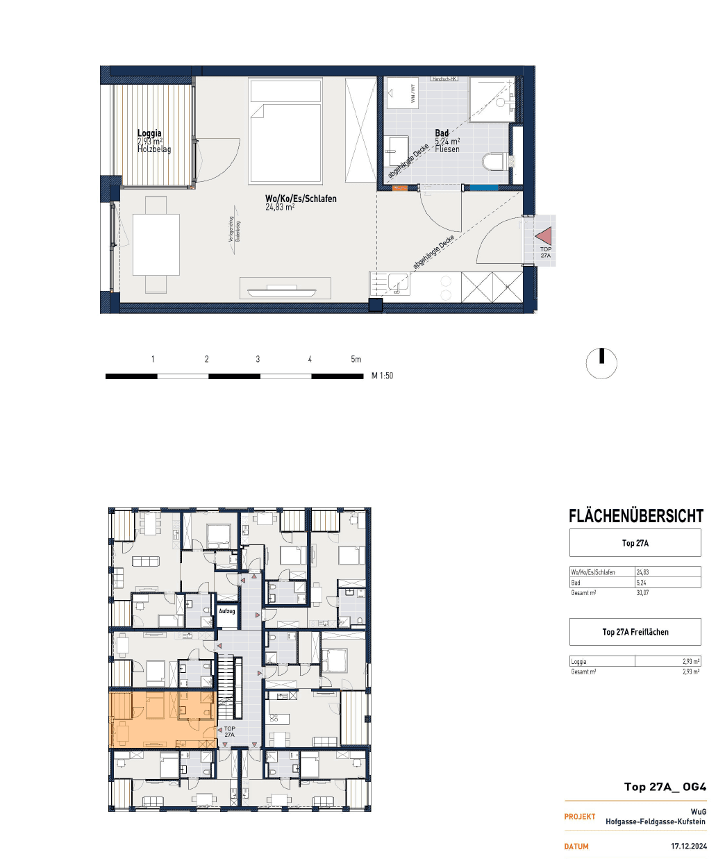 Grundriss einer kleinen Wohnung mit offenem Wohn-/Schlafbereich, Bad und Loggia in einem Gebäude mit Aufzug.