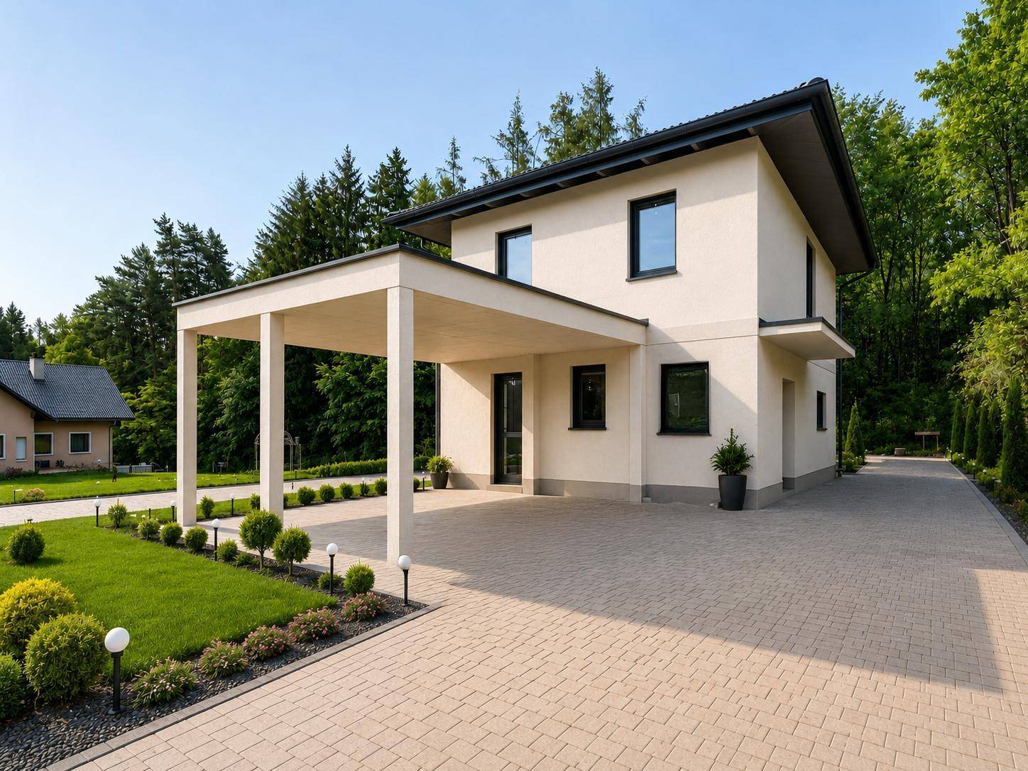 Modernes Einfamilienhaus mit Carport, gepflasterter Auffahrt und gepflegtem Vorgarten.