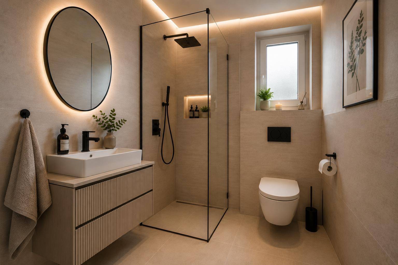 Elegantes Badezimmer mit beleuchtetem Spiegel, begehbarer Dusche und modernen Armaturen.
