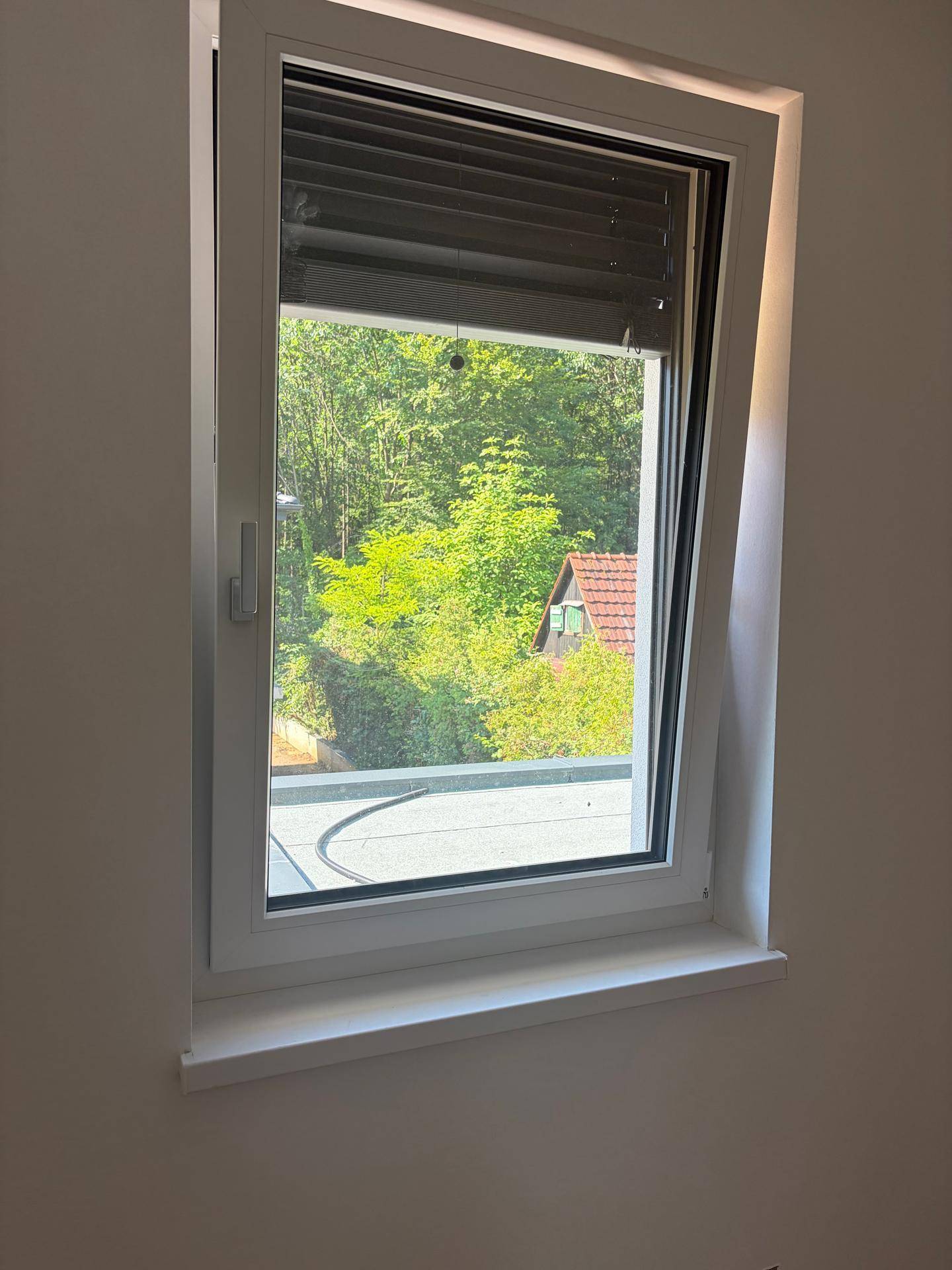 Fenster mit Ausblick auf ein Dach und grüne Bäume, das den Raum erhellt.