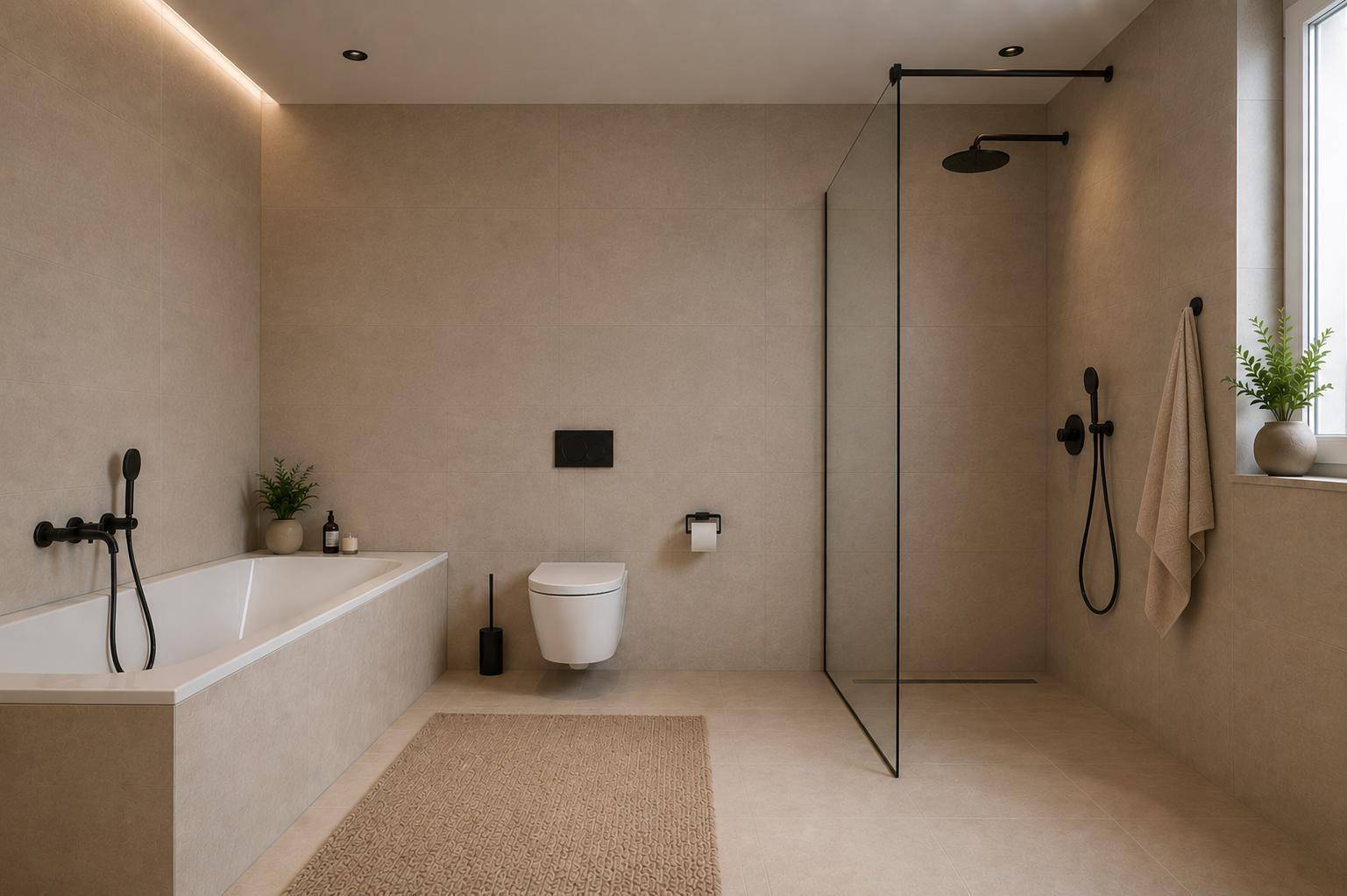 Modernes Badezimmer mit Badewanne, begehbarer Dusche und beigefarbenen Fliesen.