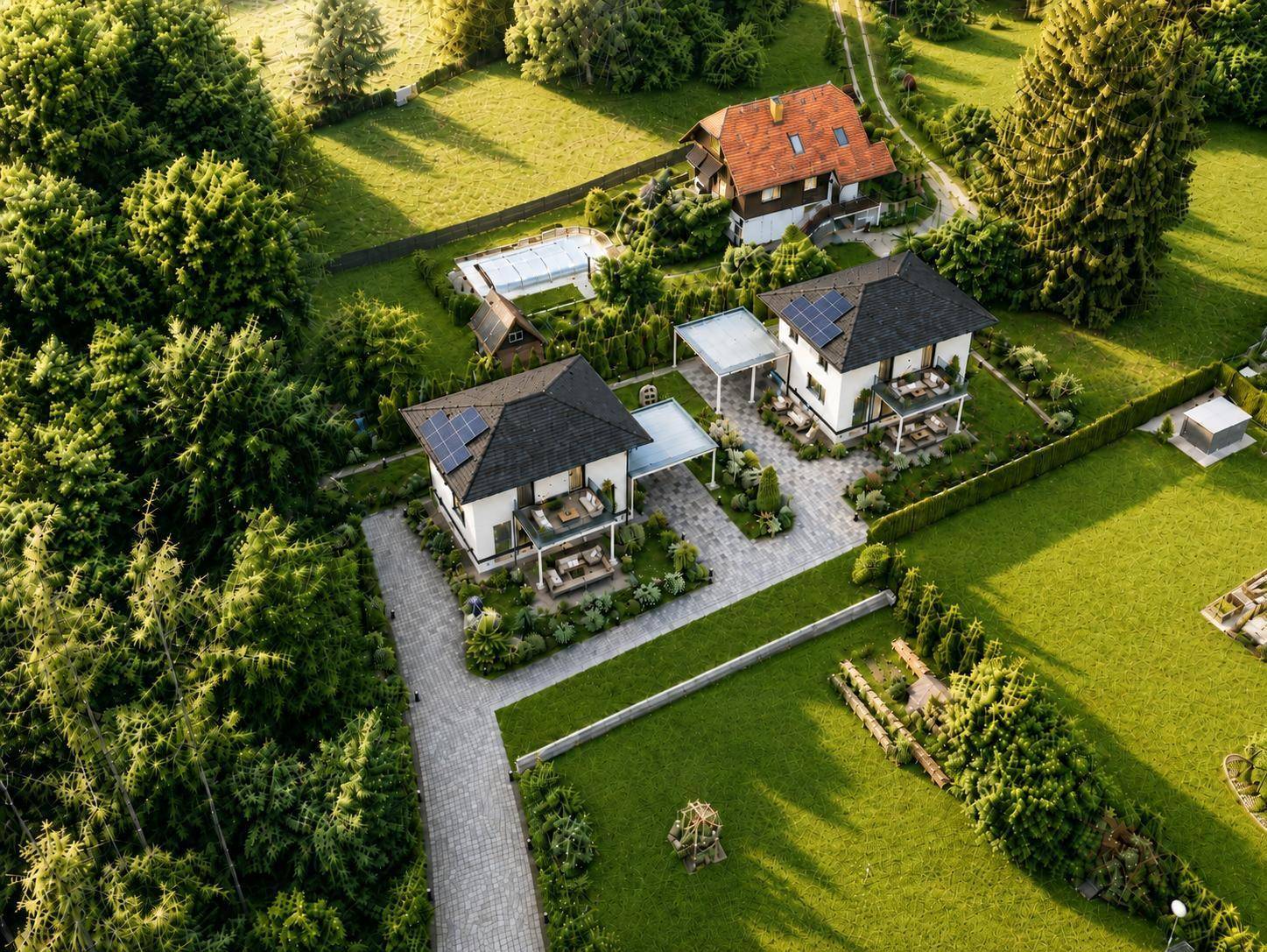 Luftaufnahme einer Wohnsiedlung mit modernen Häusern, Gärten und Photovoltaikanlagen.