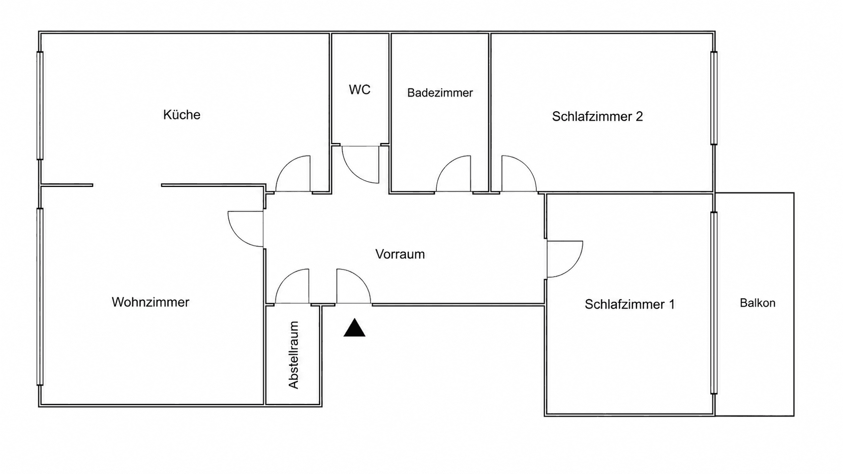 Grundriss der Wohnung mit Wohnzimmer, Küche, zwei Schlafzimmern, Bad und Balkon.