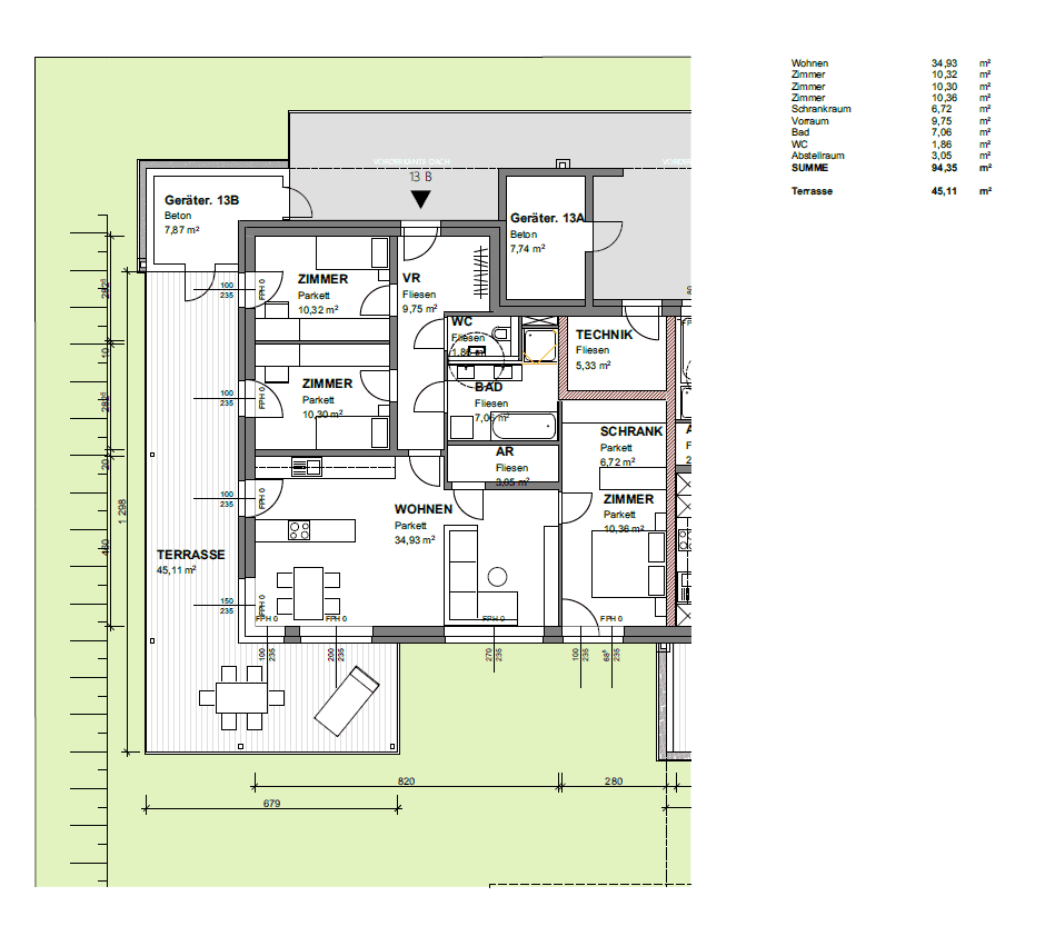 Detaillierter Grundriss einer Wohnung mit Terrasse und mehreren Zimmern.