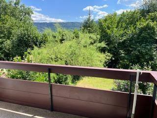 Balkon mit weitem Blick über grüne Bäume und eine malerische Berglandschaft in der Ferne.