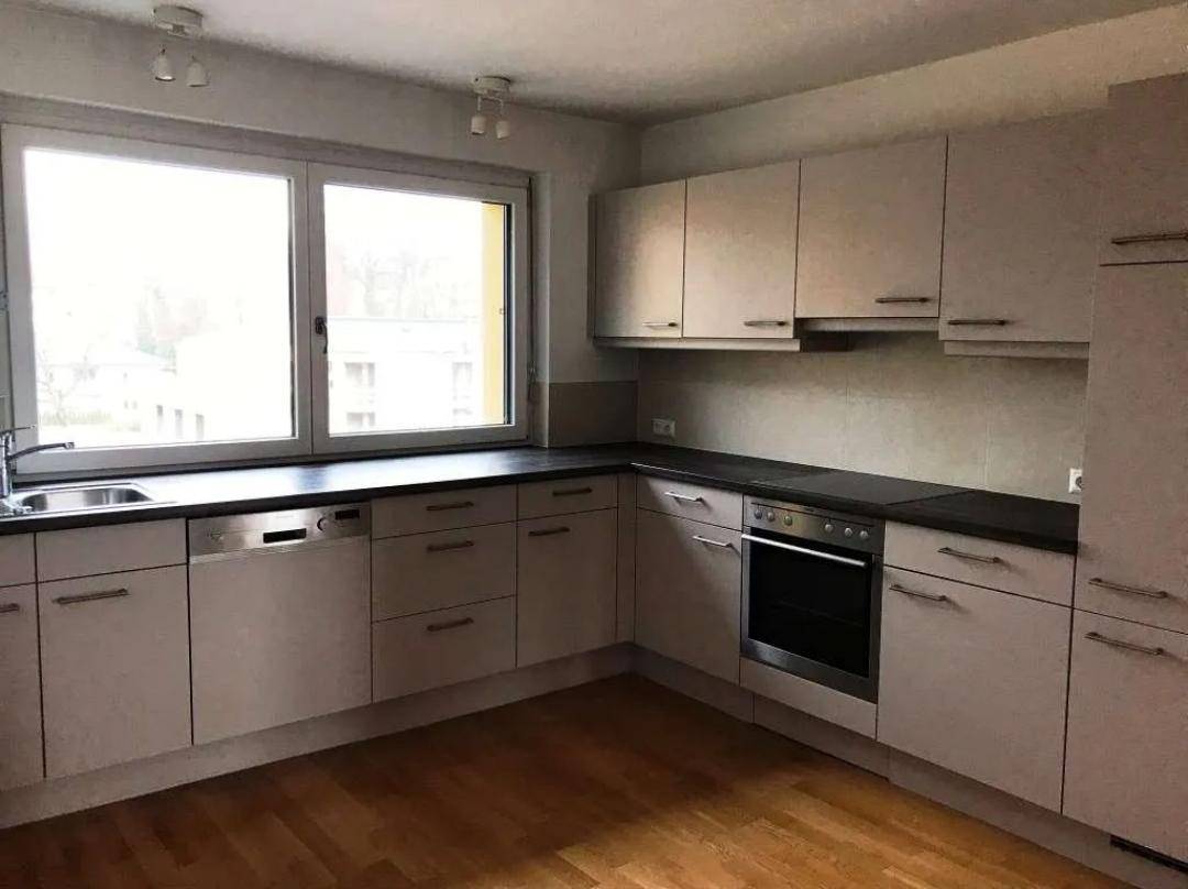 Moderne Küche mit hellgrauen Schränken, dunkler Arbeitsplatte und integrierten Geräten.