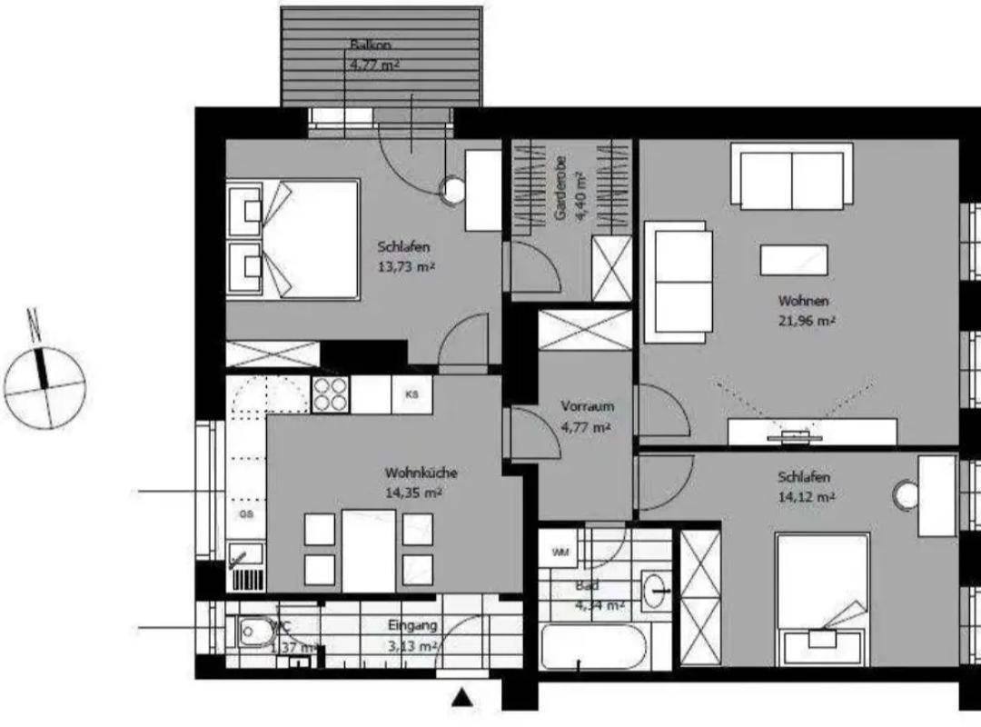 Detaillierter Grundriss einer Wohnung mit zwei Schlafzimmern, Wohnküche und Balkon.