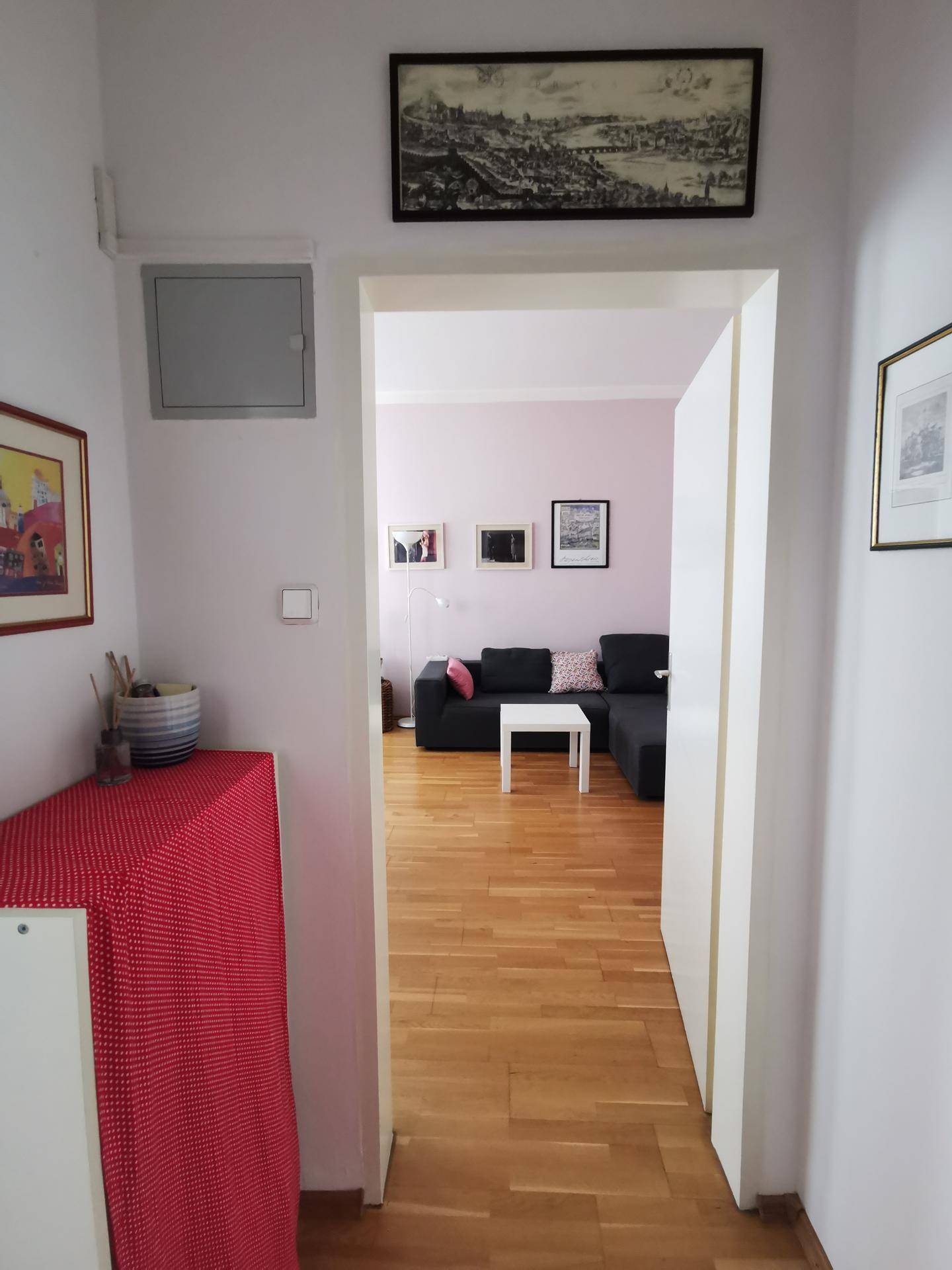 Heller Flur mit Blick in das Wohnzimmer, ausgestattet mit Holzboden und schlichter Einrichtung.