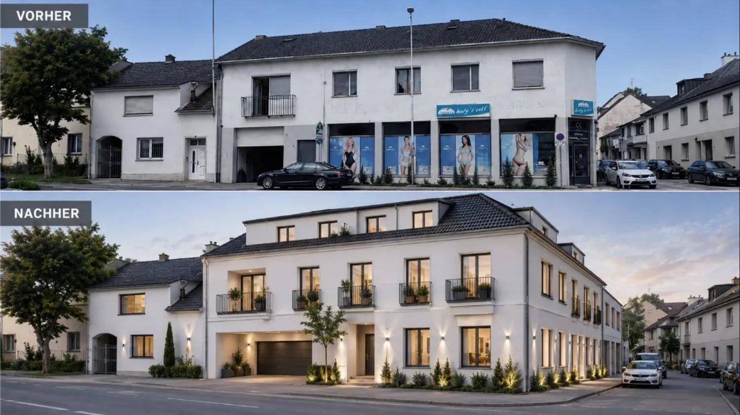 Vorher-Nachher-Ansicht eines Gebäudes, das nach der Sanierung ein modernes Erscheinungsbild zeigt.