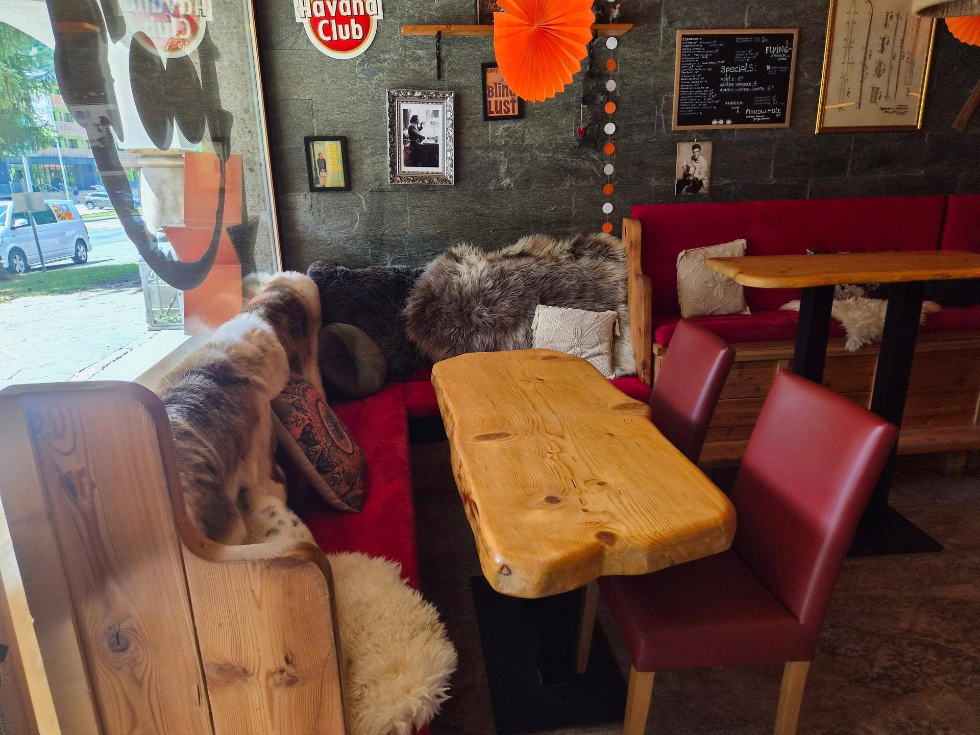 Sitzbereich im Café mit Holztischen, roten Polsterbänken und Fellkissen, beleuchtet durch ein Fenster.