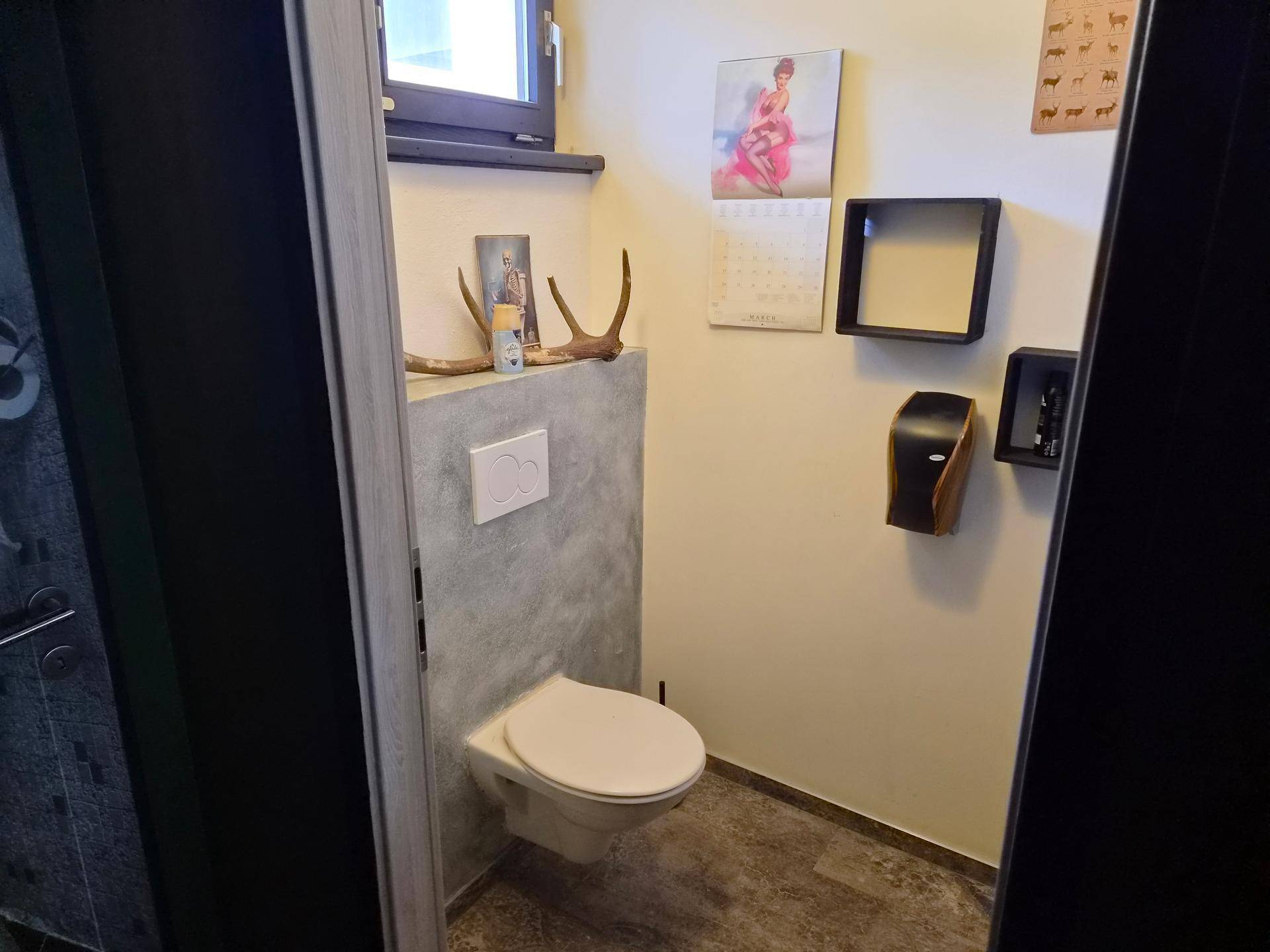 Toilettenraum mit wandhängendem WC, Fenster und schlichter Wandgestaltung in Grau und Weiß.